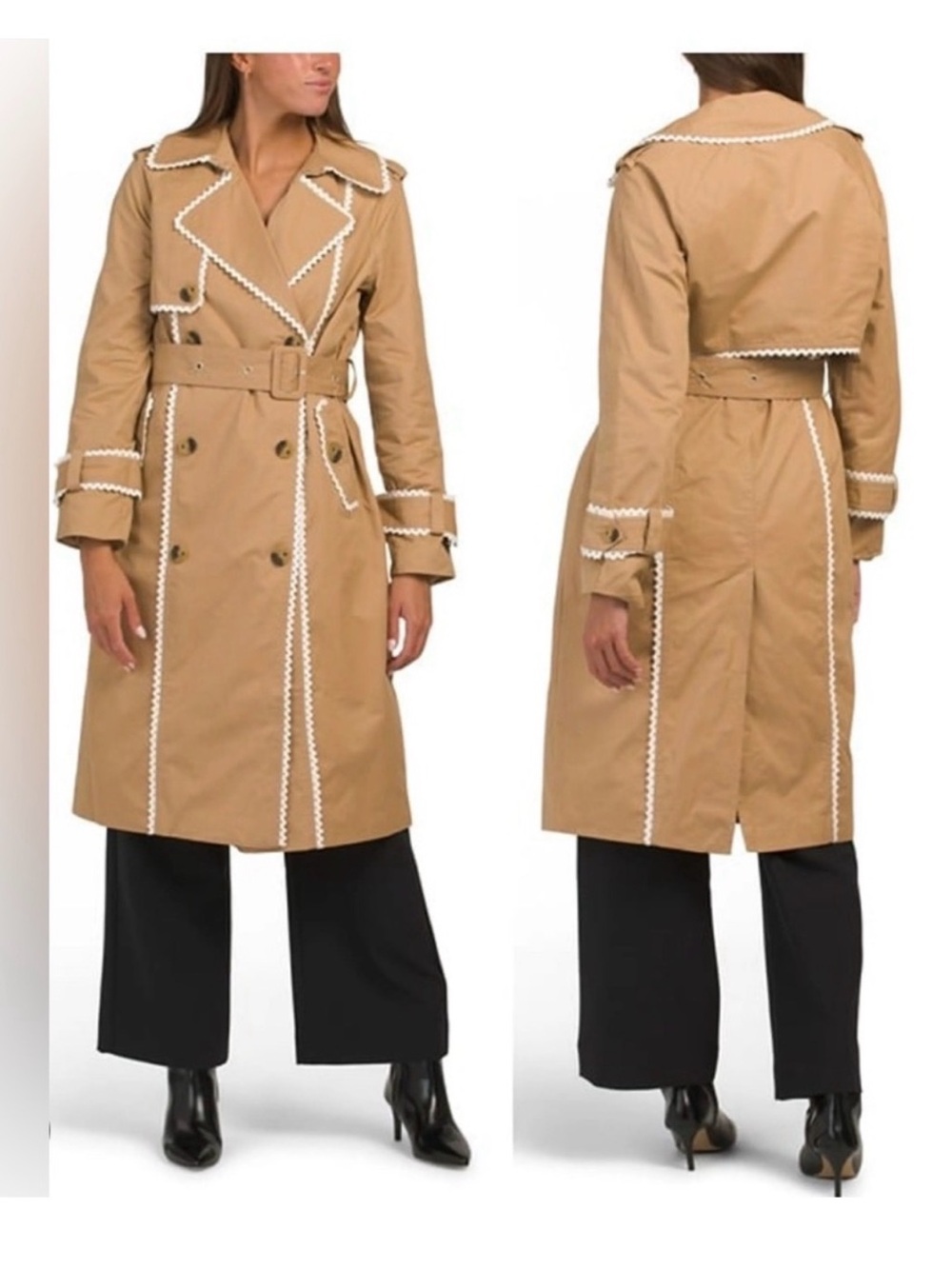 7 For All Mankind Tan Trench Coat with White crochet Trim